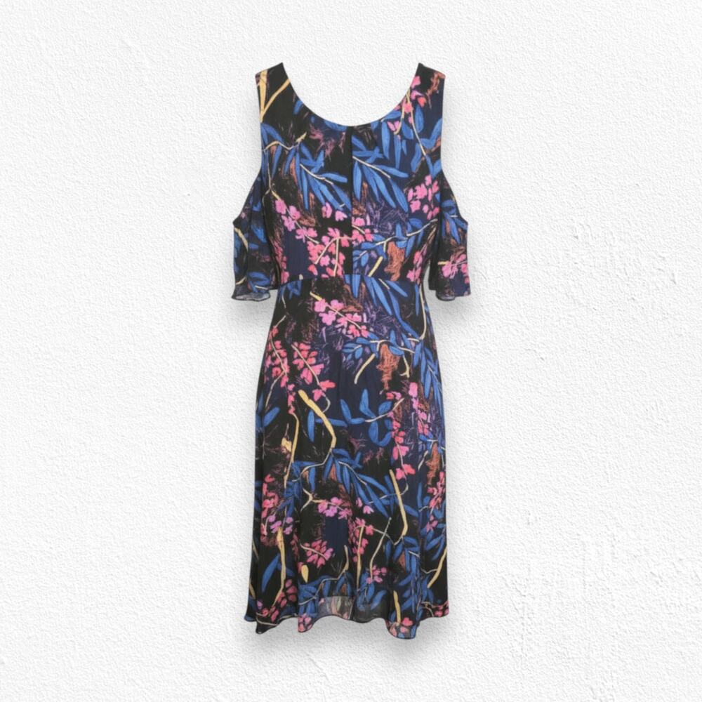 Maeve Black Pink Tropical Floral Cold Shoulder High Low Knee Length Dress Size 4